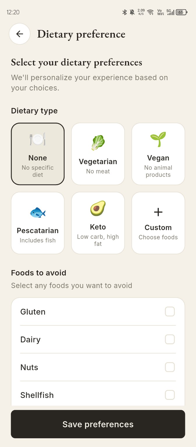 Luna dietary preferences screen