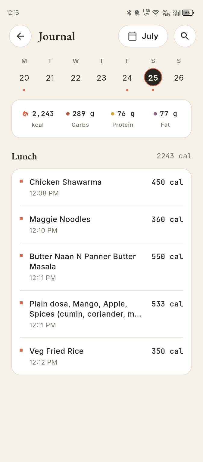 Luna meal journal screen